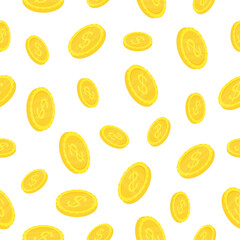 Seamless pattern with golden coins. Falling dollar coins. Vector illustration on white background