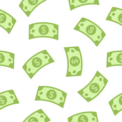 Seamless paper money pattern with flying dollar currency. Vector illustration white background.