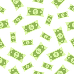 Seamless paper money pattern with flying dollar currency. Vector illustration white background.