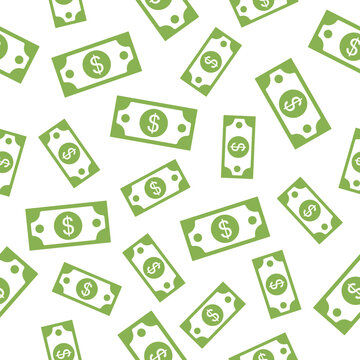 Seamless paper money pattern with flying dollar currency. Vector illustration white background.