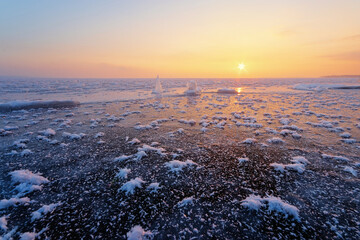 dawn on an icy lake, dawn winter morning winter landscape