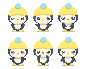 Set cute cartoon penguin with different emotions