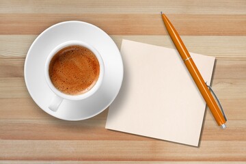 Paper with a cup of coffee, product or business review of the recent year