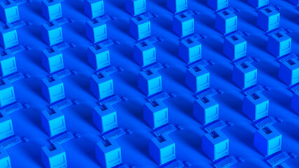 Blue Computer Grid Block Pattern Vibrant Retro Data Technology Internet Network 3d illustration