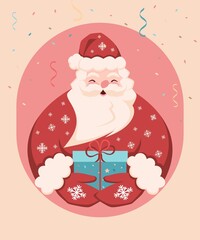 Obraz na płótnie Canvas Colorful Christmas Illustration. Cheerful Santa Claus is holding a gift in his hands. Excellent illustration for the decor of Vector Cards