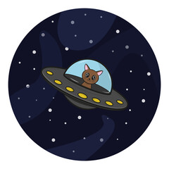 Kot lecący ufo, przemierzający kosmos. - obrazy, fototapety, plakaty