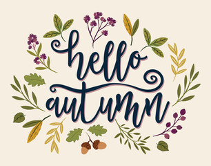 Autumn season banner. Greeting card with falling leaves and inscription " Hello autumn". Background for fall season. Autumn harvest. Vector illustration.