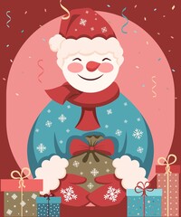 Colorful Christmas Illustration. Happy Snowman holds a bag of gifts in his hands. Excellent Illustration for the decor of Vector Cards