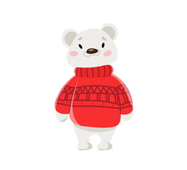 Vector cute white bear in red pullover mascot