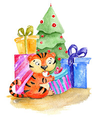 Christmas card template with cheerful watercolor illustration of cute tiger with presents under the Christmas tree. Winter Holidays illustration with tiger as symbol of New Year 2022
