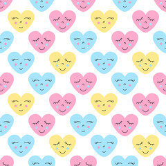 Seamless pattern with cute hearts with cartoon faces. Valentine's Day pattern.