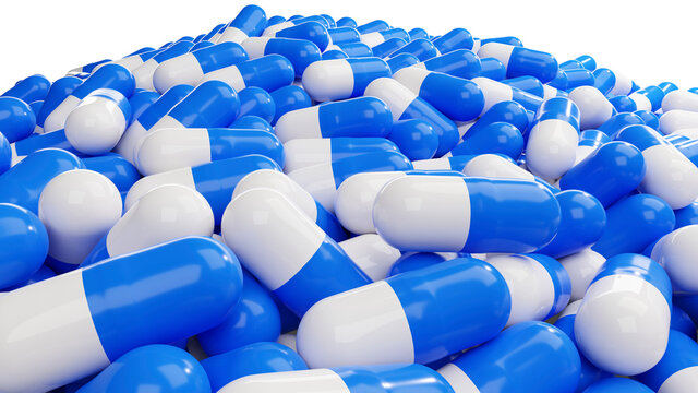 Pillole ammucchiate su sfondo bianco - illustrazione 3D