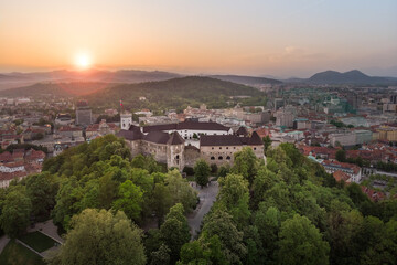 Obraz premium Aerial panorama of the Slovenian capital Ljubljana at sunset.