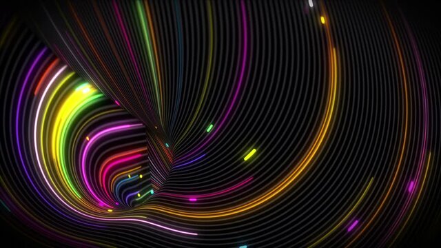 Spiral vortex streams of light on a surface with lines. Colorful and decorative backgrounds for presentations, holidays and footage. Light increasing wave movements
