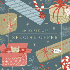 Square web banner cute design illustration with dark blue background, golden sparkles stars, cat in the box, gift boxes, pine branches with Special offer 75% off sign - 474775727