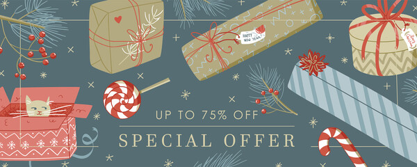 Web banner horizontal cute design illustration with dark blue background, golden sparkles stars, cat in the box, gift boxes, pine branches with Special offer 75% off sign - 474775732