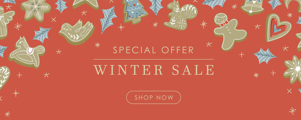 Web banner horizontal cute design illustration with red background, beige sparkles stars, cookies, holly leaves with Special offer Winter sale Shop now button sign - 474775797