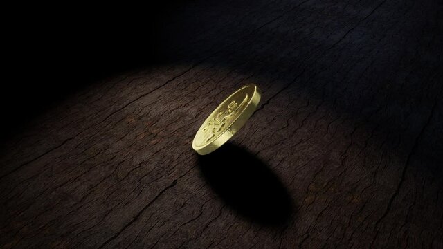 golden pirate coin spinning animation over wood table. 3d rendering.