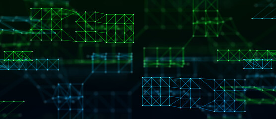 Glowing plexus of two colors. Abstract digital background of points and lines. Big data. Network or connection. Abstract technology science background. 3d rendering