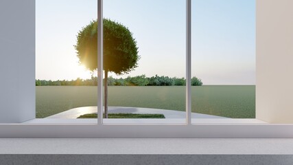 Interior background window overlooking the garden 3d rendering