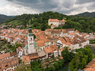 Fototapeta premium Panoramic aerial view of medieval old town of Skofja Loka, Slovenia