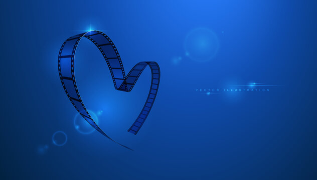 Filmstrip in the shape of a heart on a blue background with a lens effect. Vector illustration