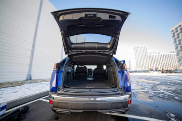 rear view of new SUV car with open trunk on the street © Maria