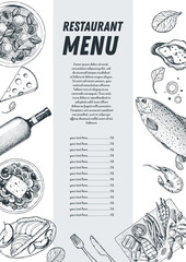 Food menu. Hand drawn sketch. Vector illustration. Restaurant menu design. Engraved style. Food and drink illustration.