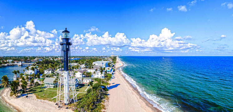 City of Hillsboro Beach, Florida with lighthouse on beach and ocean