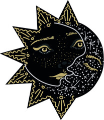 Vector illustration. Kissing sun and moon