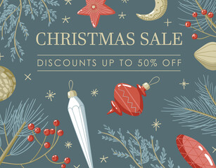 Rectangular web banner cute design illustration with blue background, beige sparkles stars, tree toys, coniferous branches with Sale Discounts up to 50% off sign - 474778199