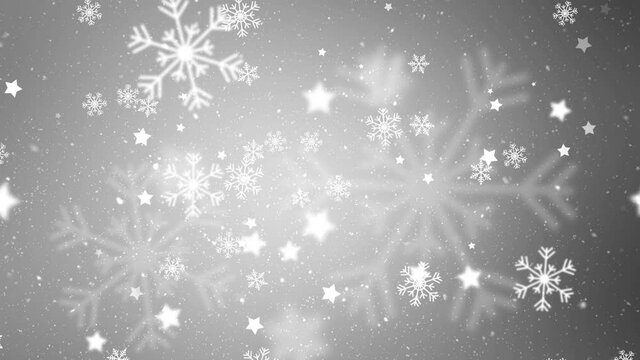 Silver white snowflakes and flickering stars on gray winter copy space holiday concept background. Seamless loop animation.