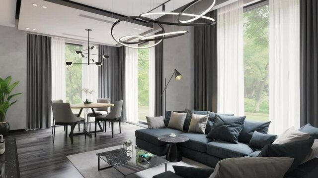 3D illustration. Camera flies over the sofa and stops near the dining table, in a modern interior.