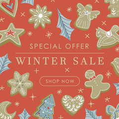 Square web banner cute design illustration with red background, beige sparkles stars, cookies, holly leaves with Special offer Winter sale Shop now button sign - 474778325