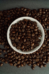 Close Up of Coffee Beans in a White Dish on Dark Background