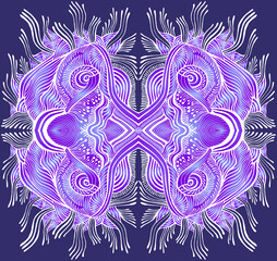 Colorful space psychedelic trippy abstract texture, bright purple blue gradient, white outline color, isolated on violet background.