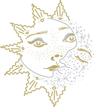 Vector graphics. Graphic image of a silver moon and a golden sun