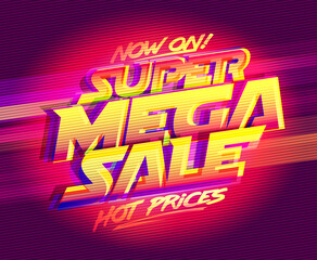 Super mega sale, hot prices vector lettering web banner