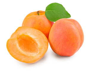 apricot fruits with green leaf isolated on white background. clipping path