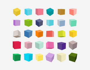 Obraz premium Set of colored 3D Cubes. Big collection colorful cube icons with a perspective 3d cube model with a shadow. Vector illustration. Isolated on a white background for your design.