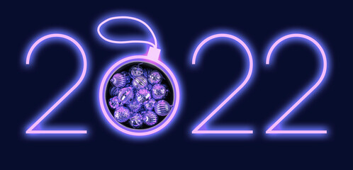 Neon sign 2022 with a picture of a Christmas tree toy in a trendy purple color