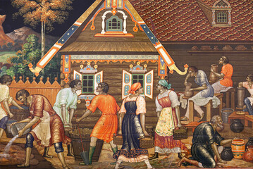 Detail of old Russian Lacquer miniature - wooden pannel Pottery production. Palekh, Ivanovo region, Russia