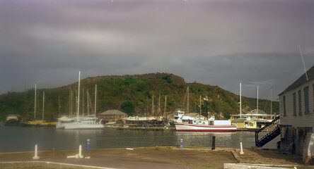 Fototapeta na wymiar Yachts moored along the coast of the Caribbean island of Antigua