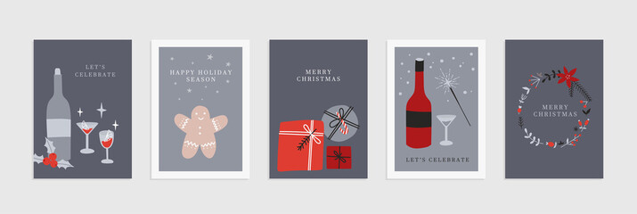 Collection of Merry Christmas and Happy New Year cards or posters for home. Cute simple flat doodle illustrations. Cozy hygge scandinavian style vector with kitchen, food and drinks elements. Eps 10
