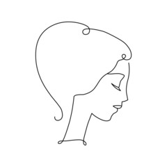 Line art woman portrait, romantic profile portrait with bun classic hairstyle. Simple logo for beauty salon.