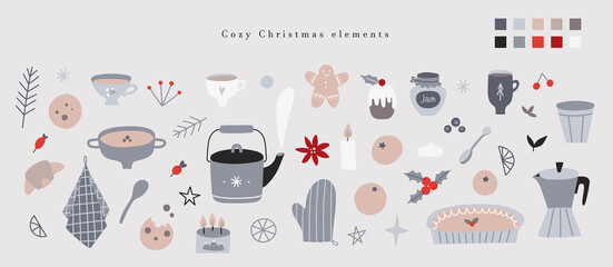 Hygge Christmas stickers set. Hand drawn cozy winter season elements kitchen collection - kitchenware, food, gift box, sweets, teapot, cookies. Merry Christmas and Happy New Year vector.
