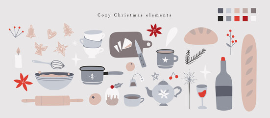 Hygge Christmas stickers set. Hand drawn cozy winter season elements kitchen collection - kitchenware, food, gift box, sweets, teapot, cookies. Merry Christmas and Happy New Year vector.