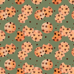 Watercolor Christmas pattern with chocolate chip cookies