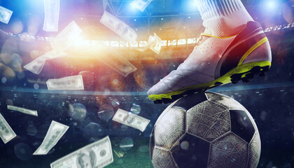 Soccer player in stadium with falling banknotes of bettors