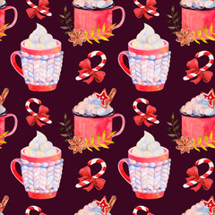 Watercolor Christmas pattern with hot winter drinks